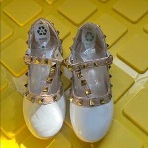 White Patent Mary Jane Flats with Gold Stud Straps